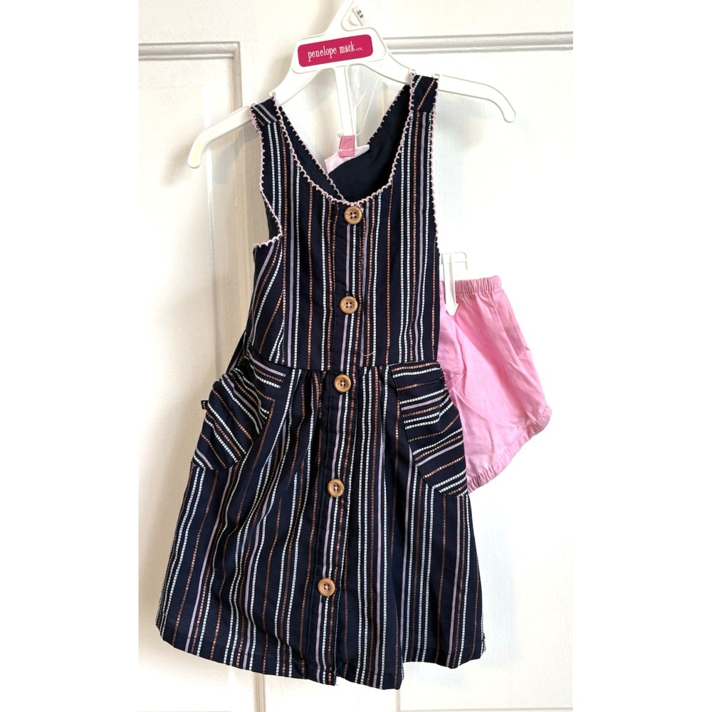 NWT Penelope Mack Navy Blue Striped Metallic Dress with Pink Bloomers 24 Months